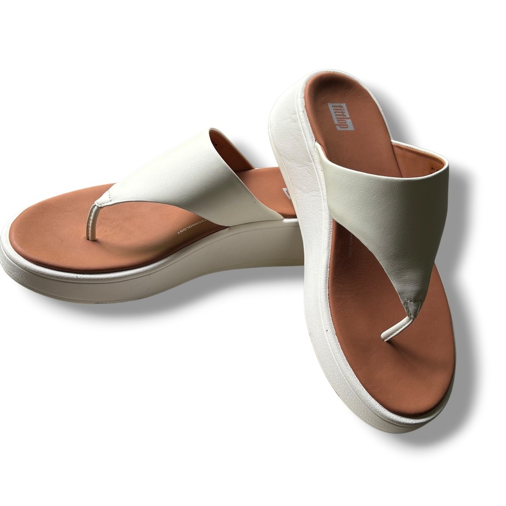 FitFlop F-Mode Flatform White Cream Leather Thong Wedge Sandal Women 7